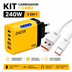 Carregador 240w Carga 3.0 C/ Led E 2 Usb 3.0 E 3 Usb Tipo C